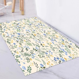 LB Country Wildflower Bath Mat for Bathroom, Blue and Yellow Floral Green Leaf Plant Bathroom Rug, Beige Non Slip Absorbent Bathroom Mat Doormat, 32x20 Inch