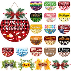 Vicenpal Interchangeable Welcome Sign for Front Door with 17 Magnetic Icons, Wooden Seasonal Front Porch Door Decor with 4 Seasonal Wreaths and 17 Changeable Icons for Holiday Party