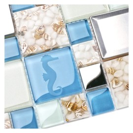 Blujellyfish Blue Sea Glass Tile Backsplash Beach Style Mosaic Tiles Real Seashell Inside (Pack of 5 Sheets)
