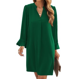 Wkior Fall Dresses for Women Cute V Neck Loose Cute Casual Long Sleeve Shift Dress Dark Green M