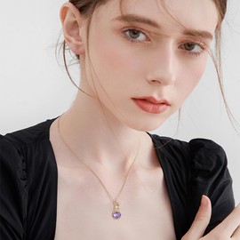 Dtja Crystal Bunny Rabbit Pendant Necklace for Women 18k Gold Plated Cubic Zirconia Animal Pet Birthstone Link Chain Adjustable Fashion Cute Easter Birthday Jewelry Gift Daughter 18 inch (Amethyst)