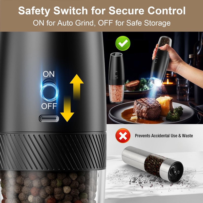Upgraded Gravity Electric Salt and Pepper Grinder Set - Anti-Spill