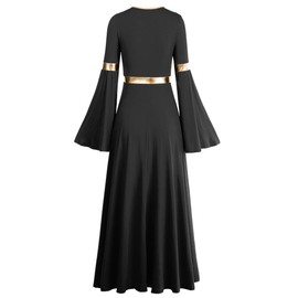 Women Metallic V Neck Praise Dance Dress Liturgical Worship Costume Bi Color Bell Long Sleeve Church Robe Praisewear Palm Sunday Clothes Easter Sunday Costumes Black + Gold 2XL