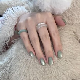 MIXNEX 10Pcs Cat Eye Press-On Nails – Medium Size Short Oval Fresh Green Magnetic Shimmer Fake Nails – Glossy Handmade Nail Tips for Women with Storage Case & Manicure Tools