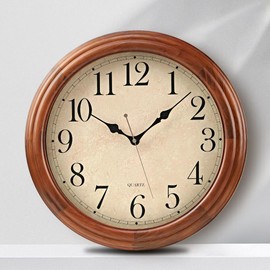 amusediy 16-Inch Wood Wall Clock with Large Numbers, Retro Round Brown Clock Wall, Silent Non-Ticking for Living Room, Kitchen Wall Clocks