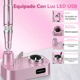 Babeefly M304 Pulidor Drill Esmeril Para Uñas Profesional 35000 RPM Con Regulador De Luz Velocidad Ajustable Dirección Cuadrada Con Base Rosa Manicura Esmeril Para Drill Uñas Profesional Pulidor drill