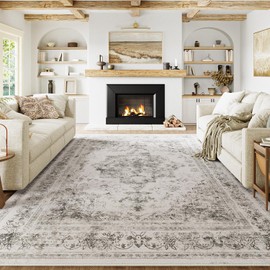 PureCozy Vintage Area Rug 6x9 Indoor Living Room Gray Washable Medallion Large Carpet Traditional Retro Accent Throw Rug Low Pile Non Slip Distressed for Kitchen Office Dining Room Bathroom Bedroom