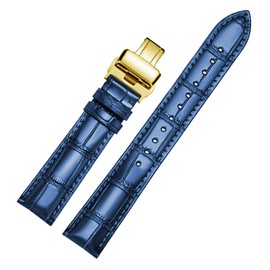 MUENShop Extended Genuine Leather Bracelet XXL Quick Release 18 mm - 22 mm with Folding Clasp Butterfly Buckle, Blue + Gold, Strap.