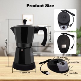 Vaolvpant Electric Aluminum Moka Pot 5-6 Cup 270ml Espresso Maker with Detachable Base Ideal Coffee Makers for Home MochaPot Italian and Cuban Café Coffeemaker Espressomaker CoffeePot Black