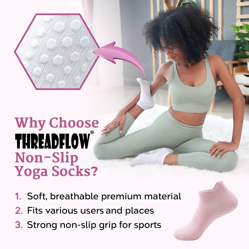 THREADFLOW 4 Pairs Yoga Socks for Women – Non-Slip Pilates,