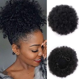 Afro Puff Drawstring Ponytail Synthetic Short Afro Kinkys Curly Afro Bun Extension Hairpieces Updo Hair Extensions with Two Clips (Black-1#)
