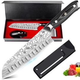 Meleho 7" Santoku Knife,High Carbon Stainless Steel Chef Knife,kitchen Nakiri knife with Finger Guard and Knife Sharpener,Chef Knife Gift Box for Family,for Family and Friends