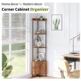 VonDream 5-Tier Corner Cabinet for Small Spaces, Tall Corner Shelf with Storage, Rustic Corner Cabinet Stand, Freestanding Corner Bookshelf with Protective Fence