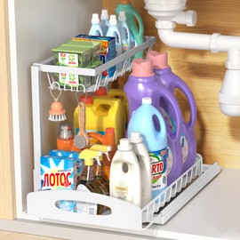 Fkprorjv Under Sink Organizer, 2 Tier L-Shaped Bathroom Kitchen Organizers and Storage, Pull Out Sink Cabinet Drawer Shelf Pantry Organizer and Storage, White