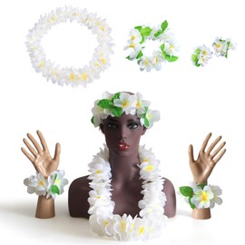 Goodangie00 4Pcs Hawaiian Leis Set， Luau Wreath Garland Flower Headpiece Necklace Bracelet for Graduation Party Favor, DIY Dance Decor, Photo Prop Outdoors（White）
