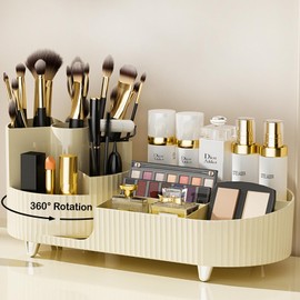 360° Rotating Vanity Makeup Organizer with Brush Holder, Large Spinning Cosmetic Storage for Skincare, Perfumes and Lotions