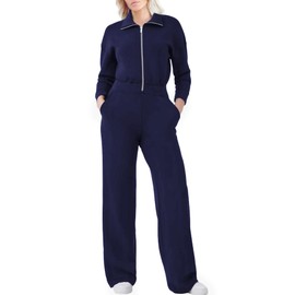 ELLENWELL Airy Essential Long Sleeve Wide Leg Jumpsuits Women Casual Zip Up One Piece Romper Pockets (Navyblue-S)