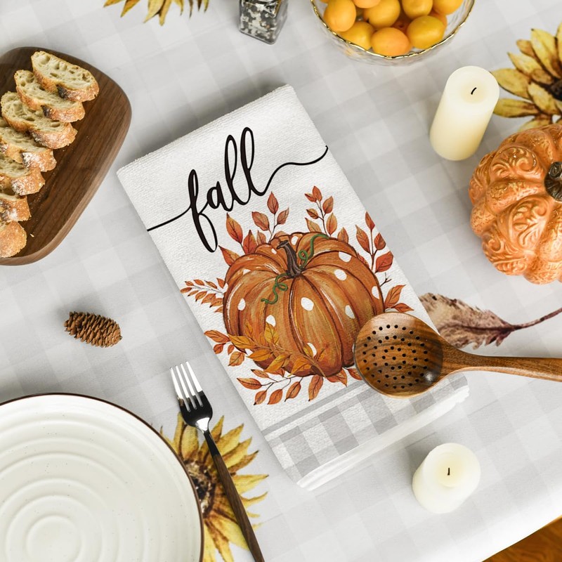 Artoid Mode Buffalo Plaid Pumpkins Autumn Dish Towels 42x65 cm