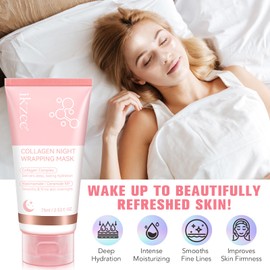 Collagen Night Wrapping Mask, Collagen Face Mask Overnight , Facial Overnight Sleeping Mask - Deep Hydration, Reduces Wrinkle and Improves Skin Elasticity (Brush Included), 75ml
