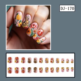 24 Pcs Easter Press on Nails Glossy Pink Square Medium Length Fake Nails Cute Easter Bunny Fake Nails Designs with Colorful Flower Full Cover False Nails Art Decoration for Women DIY Manicure