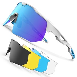 [HAAYOT] Polarized Cycling Glasses Men Women Road Bike Sports Sunglasses 5 Lenses TR90 Frame Mountain Bike Glasses MTB Goggles Running Fishing Hiking, Glossy white × ice blue