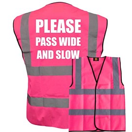 Bright Pink High Visibility Vest with White Text PLESE PASS WIDE AND SLOW DOWN - HORSE RIDING By Brook Hi Vis Small