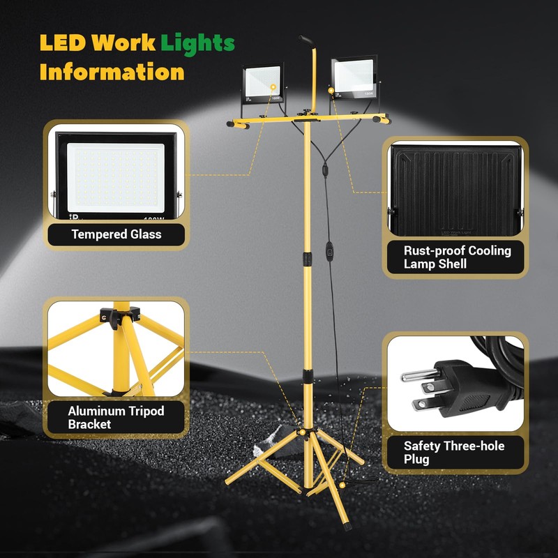 Dollate 30000 Lumen LED Work Lights with Stand, 2 Head,