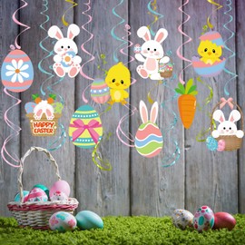 Easter Party Decorations Egg-Bunny Swirl Banner - 16pcs Easter Birthday Party Favors Supplies Gifts Hanging Decoration Streamers Kids School Office Indoor Decor Panduola