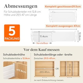 Lifewit Pack of 5 Drawer Dividers, Adjustable Drawer Dividers for Inner Length 30 - 47 cm/11.5-18.5 Inches & Height > 13 cm, Drawer Organiser Drawer Divider for Wardrobe, Changing Table, Kitchen