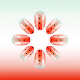 French Tip Press on Nails Medium Oval Fake Nails with Designs Watermelon Glue on Nails Summer Acrylic False Nails Reusable Artificial Nails Glitter Full Cover Stick on Nails for Women