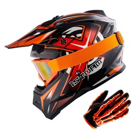 1Storm Youth Kids Motocross Helmet BMX MX Bike Helmet Teenager Racing Style; Racing Orange + Goggles + Skeleton Glove Bundle