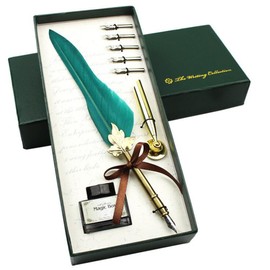 Quill Pen and Ink Set-Vintage Feather Pen with Holder,5pc Metal Pen Nib Writing Calligraphy Pen Set Gift Storage Box (Green Feather Pen)