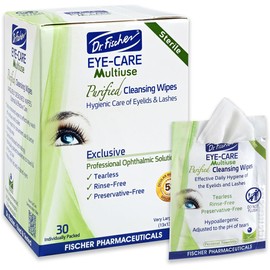 Toallitas purificadas para párpados Dr. Fischer, hipoalergénicas y no irritantes, prehumedecidas para aliviar el enrojecimiento y la sequedad ocular, y desmaquillar los ojos sensibles.