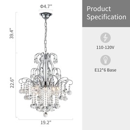 WUZUPS Crystal Chandelier 5-Light Pendant Ceiling Light Modern Lighting Fixture for Bedroom Hallway Bar Kitchen Bathroom, H 22.6'' x W 19.2'', E12 Base, Chrome