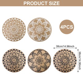 Set of 4 Round Boho Style Placemats, Non-Slip Washable Heat Resistant Linen Fabric Placemats, Retro Table Decor Mats, Jute Placemats with Mandala Design for Dining Room, Kitchen, Wedding