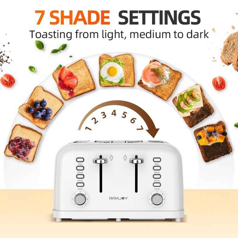 RAMJOY White Toaster 4 Slice, Dual Independent Controls, Extra Wide