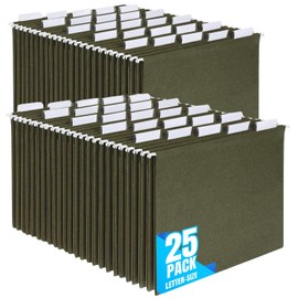 1InTheOffice Hanging File Folders Letter Size, File Cabinet Folders, Reinforced, 1/5 Tabs, Adjustable, Green, 25 Pack