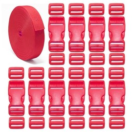 ONE WVW PIN 1 inch Buckle Strap Set with 10 Yards Nylon Webbing, 10 Pcs Quick Side Release Plastic Buckles, 20 Pcs Tri-glide Slide Clip for DIY Backpack Replacement (Red)
