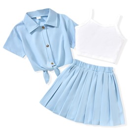 HIHA Little Girls 3 Piece Skirt Outfit Kids Short Sleeve Shirts Cami Crop Tops Skirt Set Size 8-9 Blue