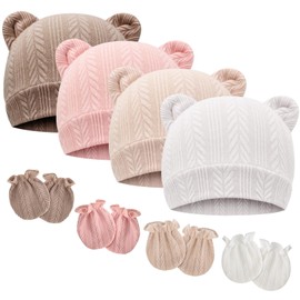 DRESHOW Newborn Baby Hat and Gloves Set Beanie Clothing Unisex Infant Hat Nursery Hat Baby Boys Girls 0-6 Months, 4 Sets: Bear Ears Hats & Mittens A01uk