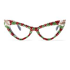 ICARA Sparkling Crystal Rhinestone Cat Eye Reading Glasses for Women Anti Blue Light Trendy Diamond Reader (red/green, 2.5, x)