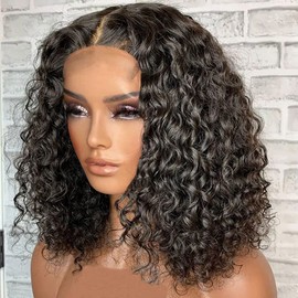 Sol Soal 14 inch Water Wave Bob Wig Human Hair Deep Curly Short Bob Wig Lace Front Wigs Human Hair 13x4 HD Transparent Lace Frontal Wigs for Women Glueless Wet and Wavy Lace Front Wigs Human Hair