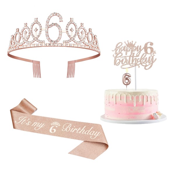 Decoraciones de 6º cumpleaños para niña, incluyendo banda de cumpleaños para niña, corona, número 6 velas y decoración de pasteles, decoraciones de cumpleaños de 6 años, suministros de regalo de fiesta de oro rosa
