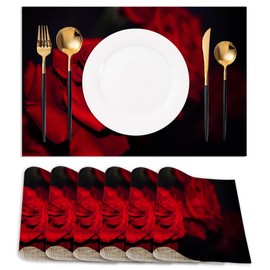 Abstract Red Rose Place Mats Set of 6, Table Mats Heat Insulation Non Slip Washable Dining Placemats for Wedding Holiday Party Kitchen Decor 12X18 in
