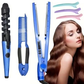 Kit de Peinado Profesional 3 en 1,Plancha para Cabello, Rizador y Peine,Tecnología de Nanotitanio y Cerámica,Control de Temperatura,Alisado, Ondas y  
