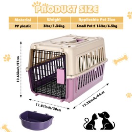 Fiwochic 2 Set Hard Plastic Pet Carrier Breathable Dog Cat Kennel with Metal Door Bowl Grille Mat Pet up to 14 Lbs Carrier for Walking Camping Vet Visits Travel, 17.3"L x 11.8"W x 10.6"H(Purple White)