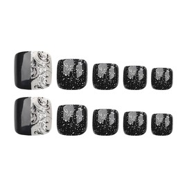 24 Pcs Black Press on Short Toenails - MINGCHUN Summer Fake Toenails Press ons Toenail with Glitter Design Full Cover False Glue on Stick on Toenails Artificial Acrylic Toenail Art Kit