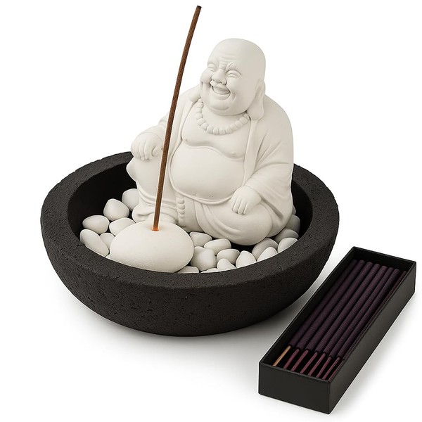 Laughing Buddha Incense Holder Set with Lavender Sticks – White