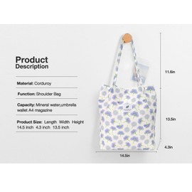 Yonsya Corduroy Tote Bags, Travel Shoulder Beach Bag with Makeup Bag for Women Work Lunch Grocery Shopping Shopper Handbags (Purple Flower)