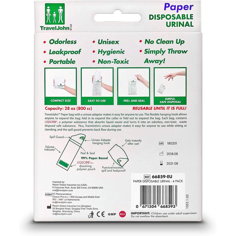 TravelJhon Unisex Disposable Paper Urinal - Pack of 4